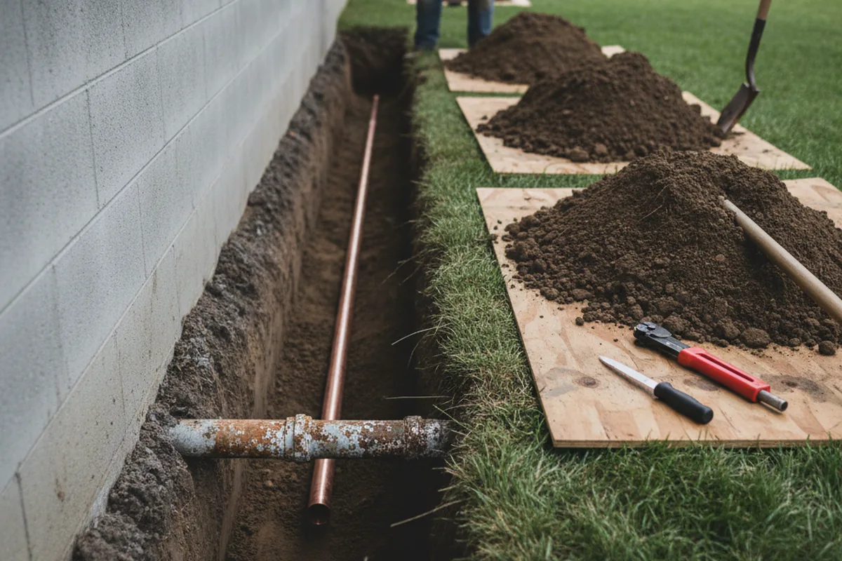 Excavated water line trench during Water Softener Installation in Dripping Springs